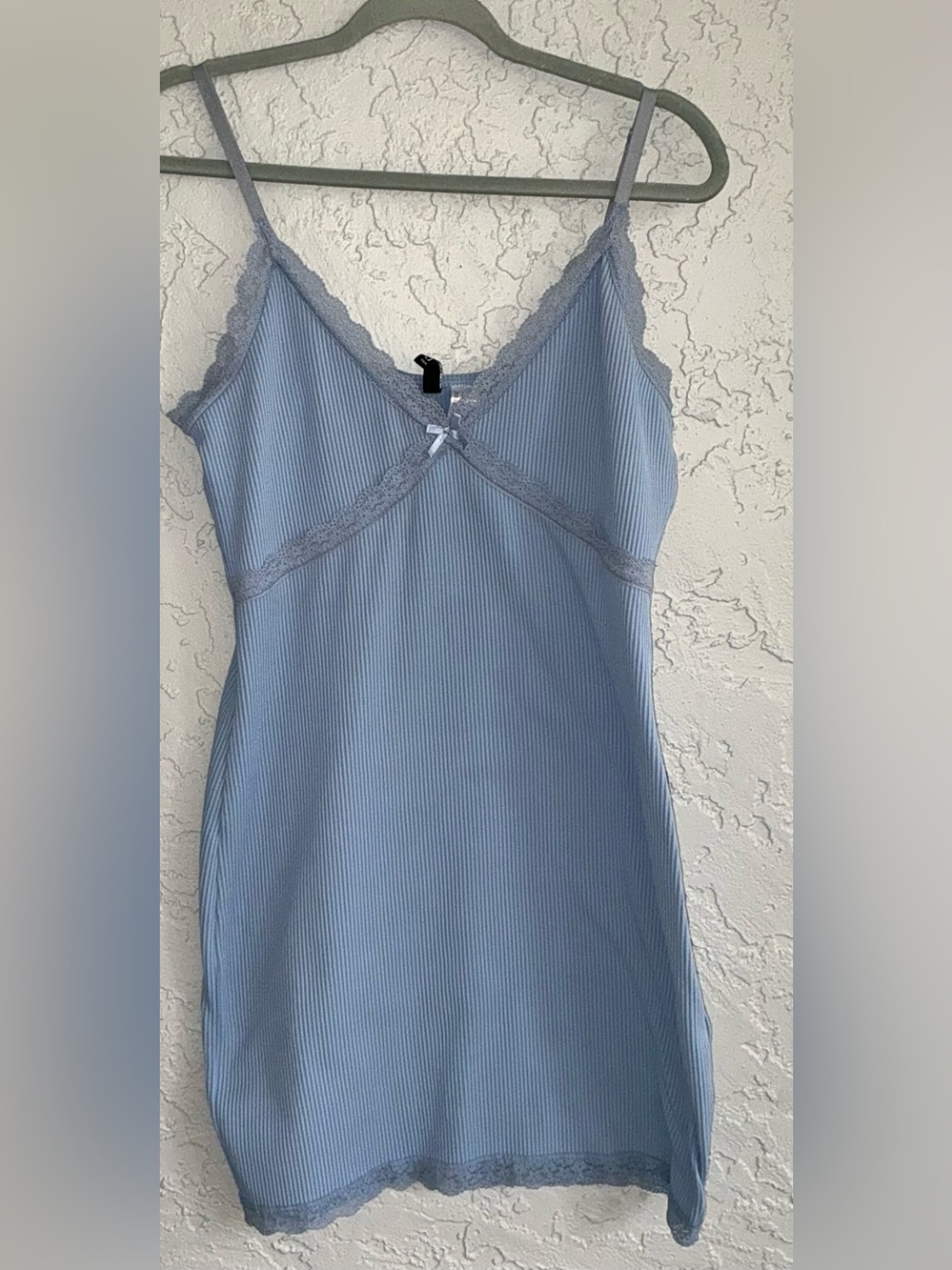 Divided Light Blue Ribbed Lace-Trim Mini Dress